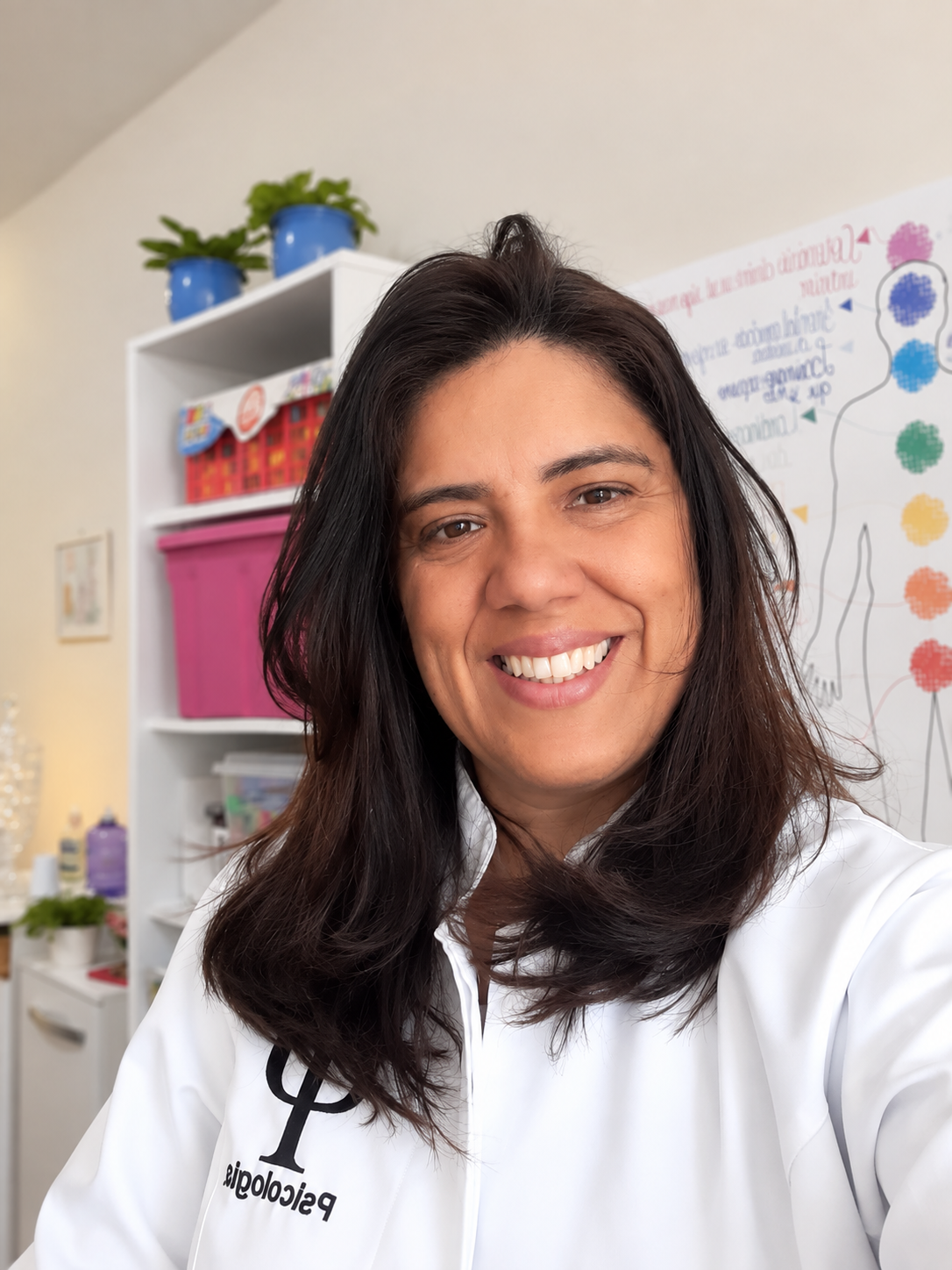 Adriane Santos, psicóloga do Espaço Essencia, com jaleco branco em seu consultório